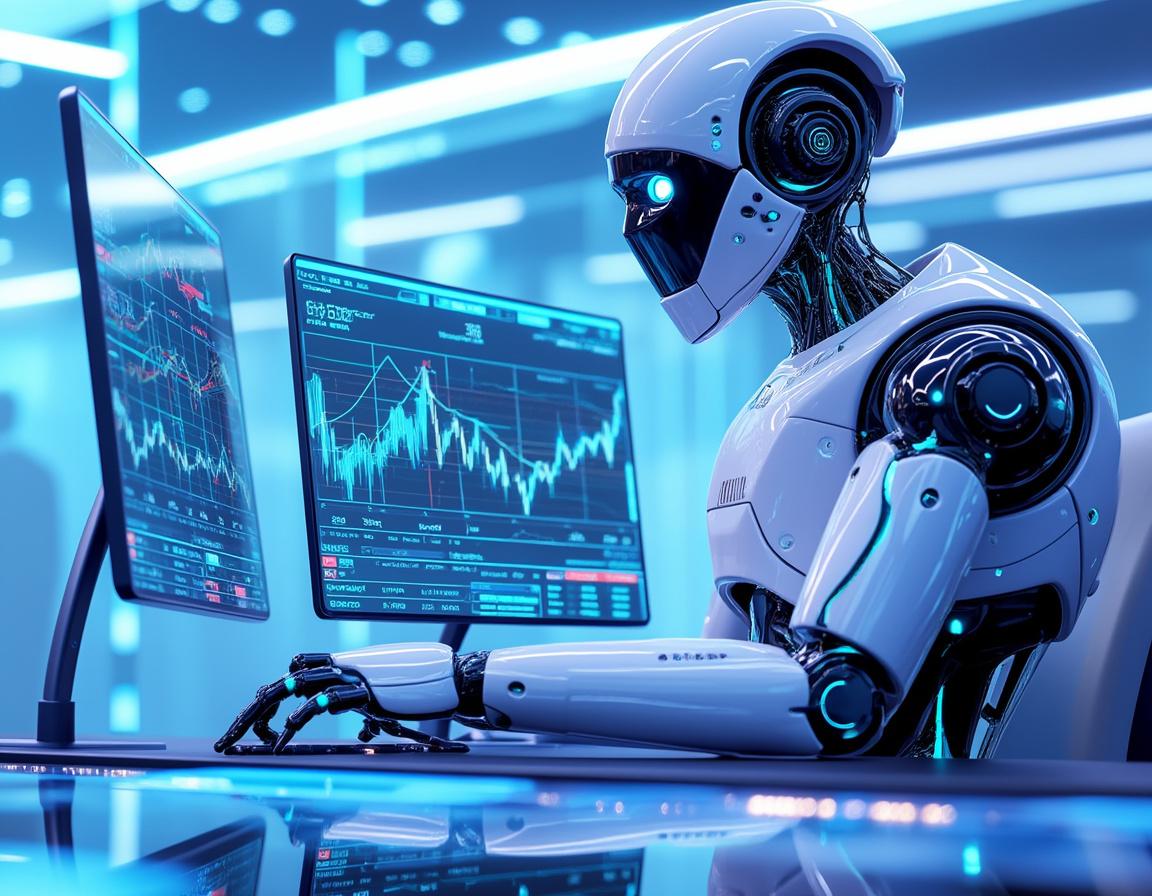 A humanoid AI trading bot analyzes market data at a high-tech workstation amid glowing screens.