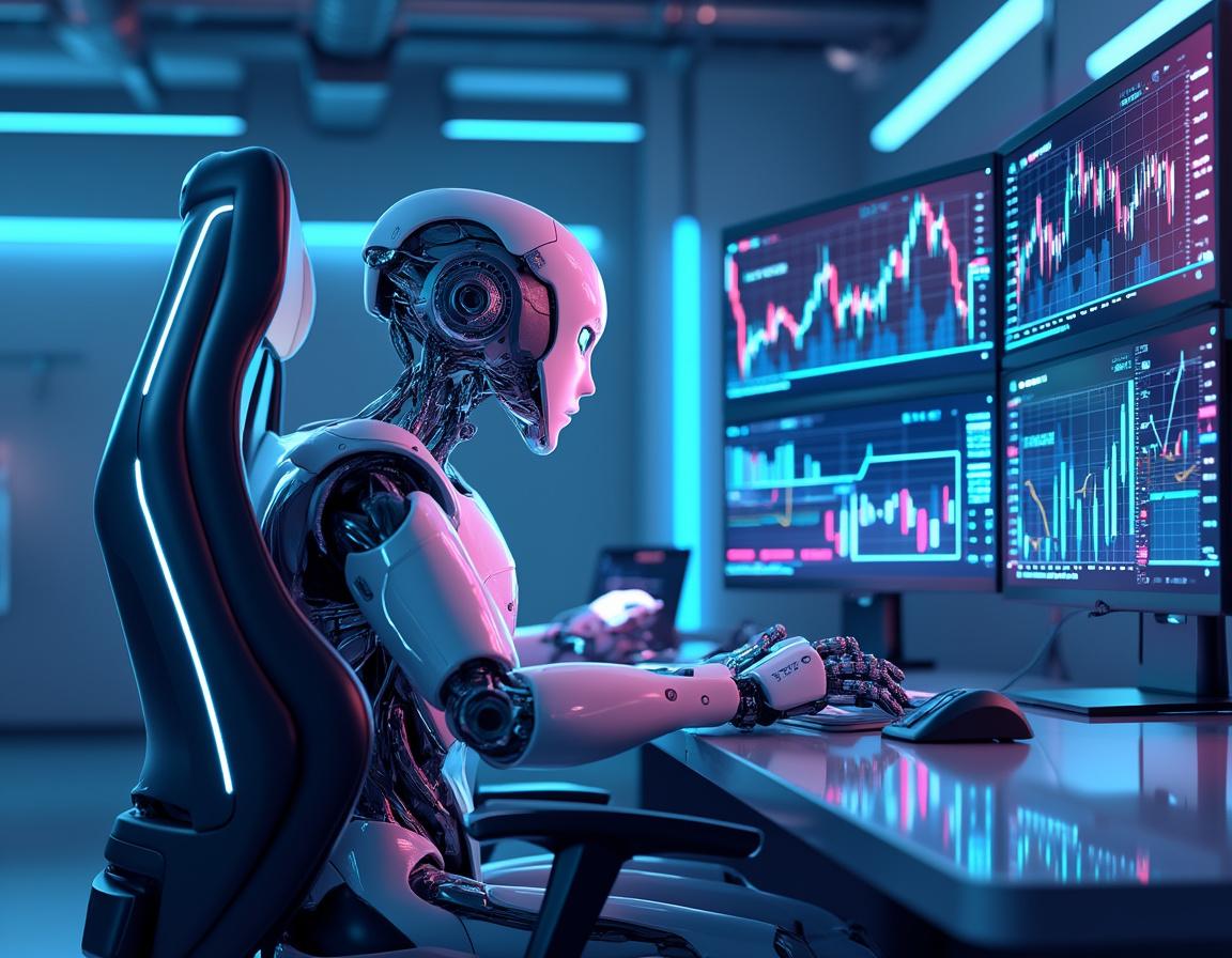 A humanoid AI trading bot at a high-tech workstation analyzing market data on multiple screens.