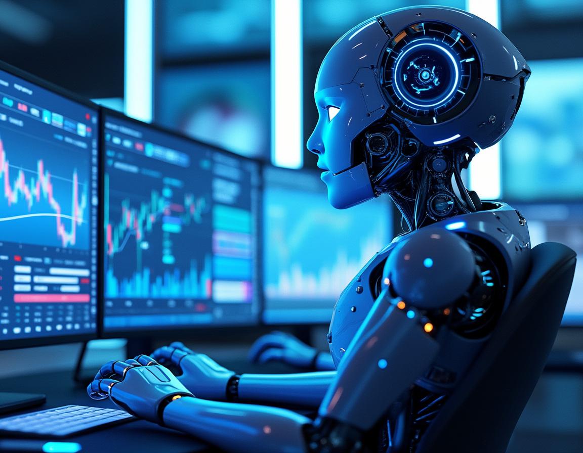 A humanoid AI trading bot analyzes market data at a sleek workstation with multiple data screens.