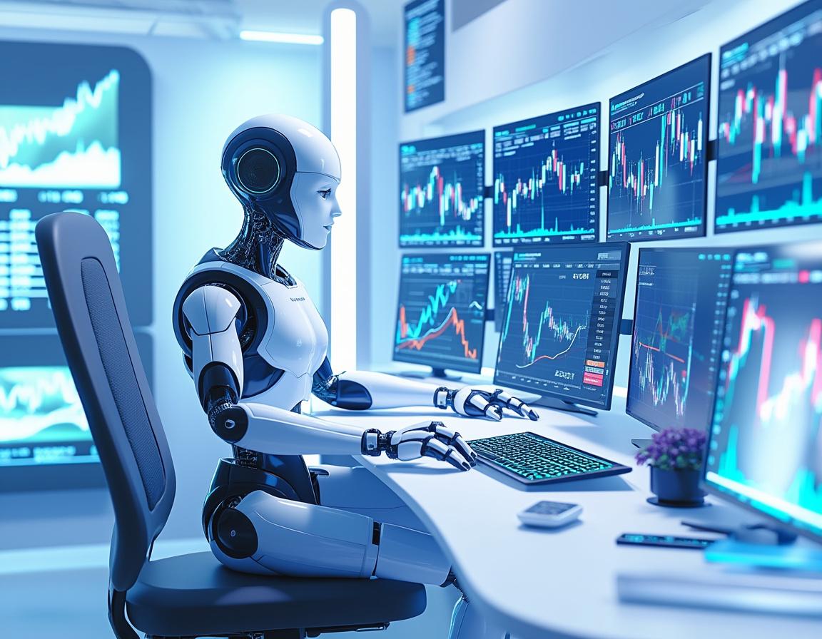 A sleek humanoid AI trading bot at a high-tech workstation analyzes market data on multiple screens.