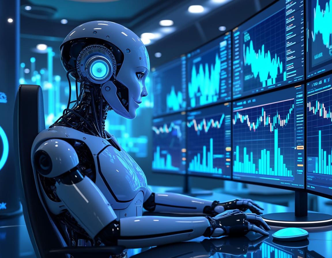 A humanoid AI trading bot at a high-tech workstation analyzing crypto data on multiple screens.