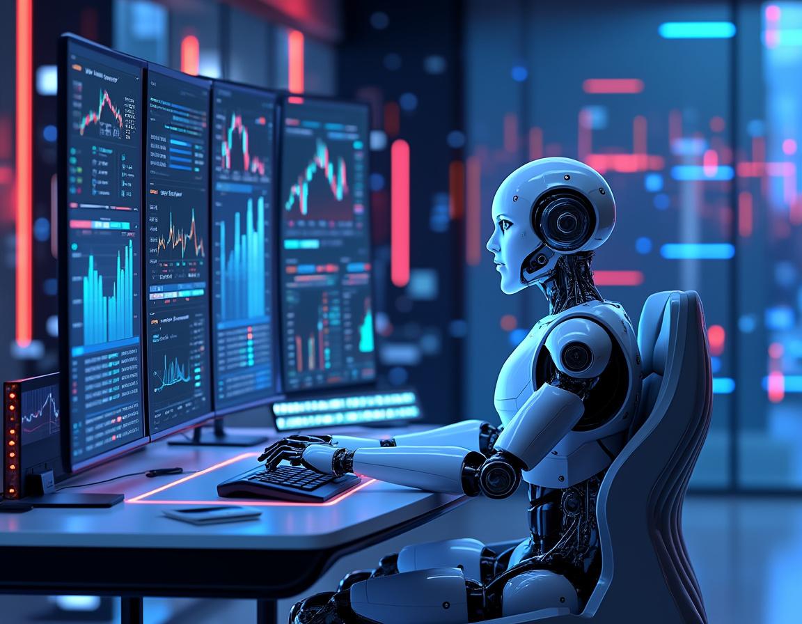 A hyper-realistic AI trading bot at a workstation analyzing market data on multiple screens.