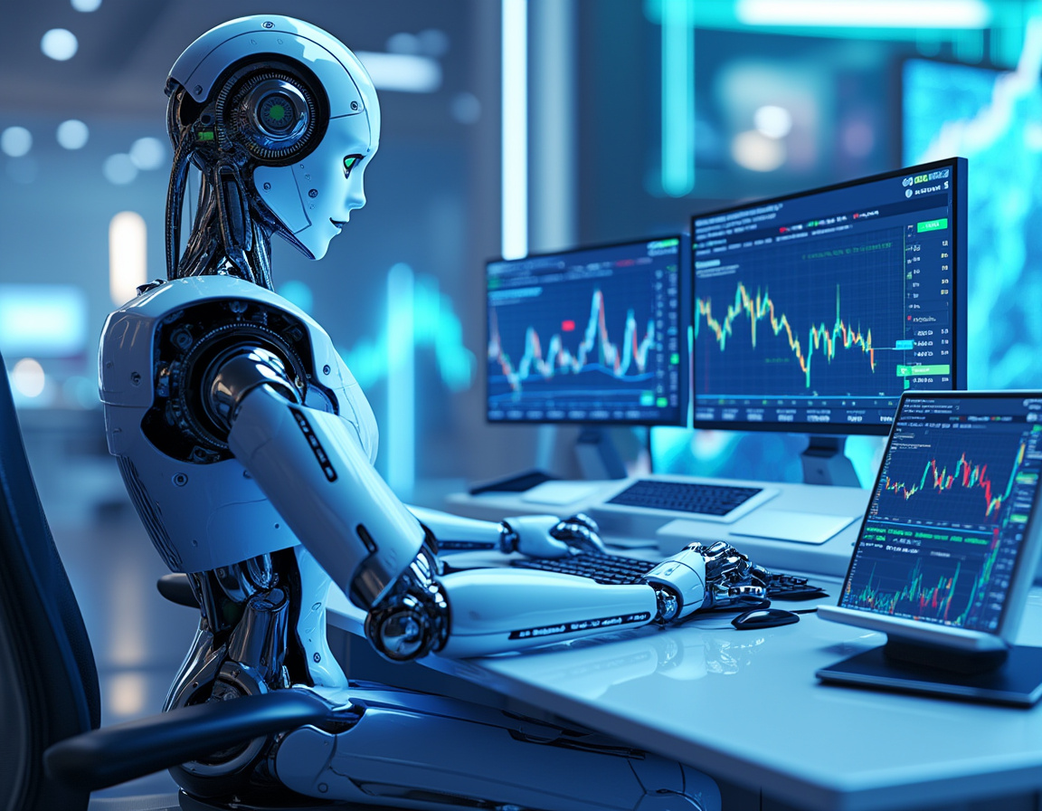 A hyper-realistic AI trading bot at a high-tech workstation analyzing stock and crypto market data.