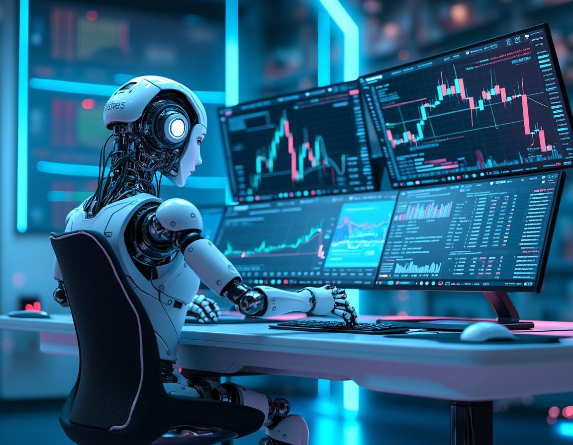 A hyper-realistic AI trading bot seated at a workstation, analyzing market data on glowing screens.