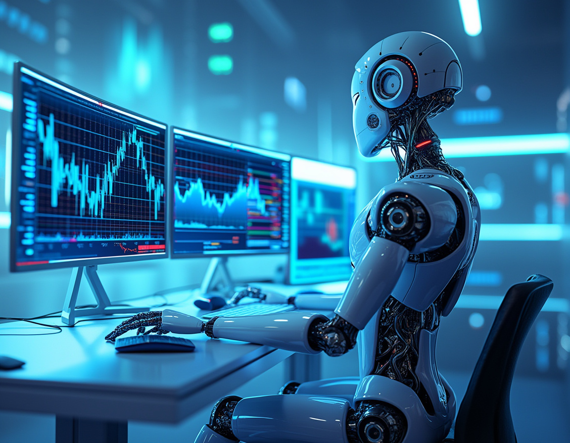 A hyper-realistic AI trading bot analyzes market data at a sleek workstation with multiple screens.
