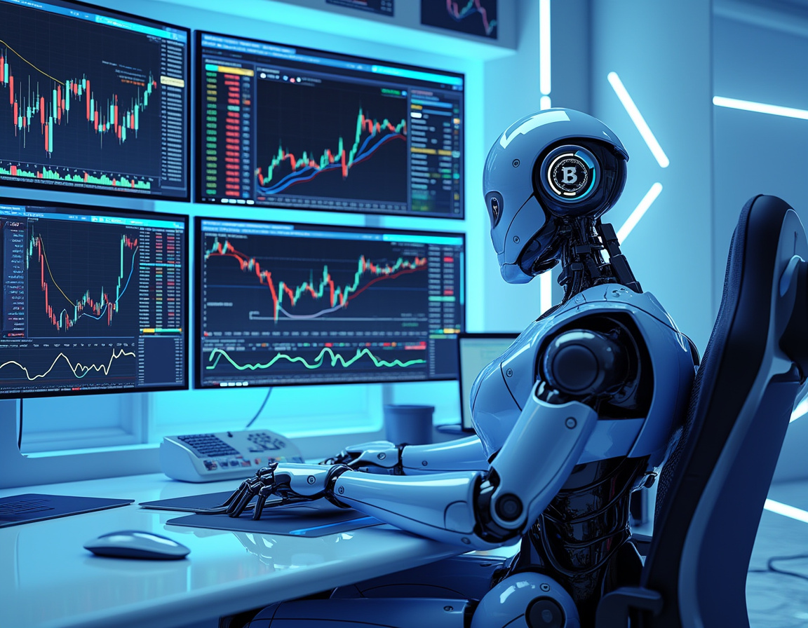 A hyper-realistic trading bot analyzes market data on multiple screens in a futuristic workspace.