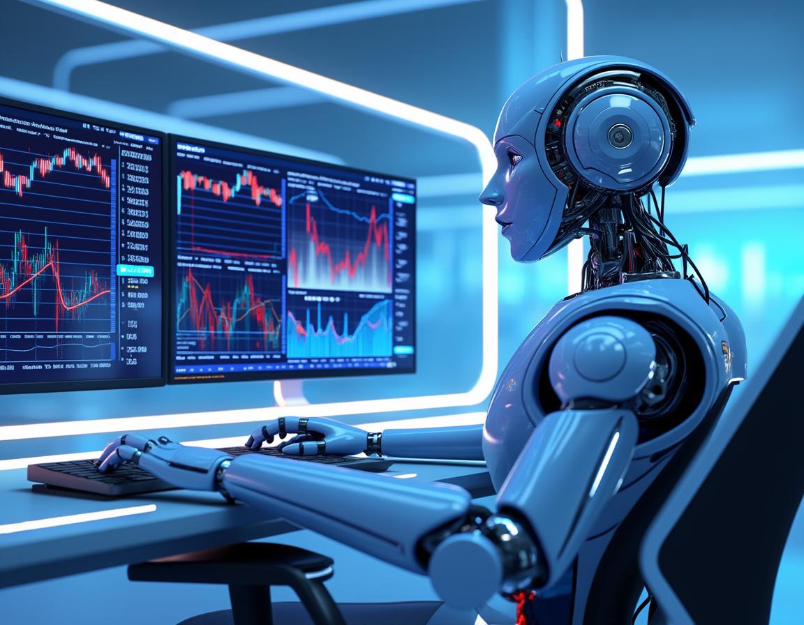 A sleek humanoid AI trading bot in a high-tech setting analyzing market data on multiple screens.