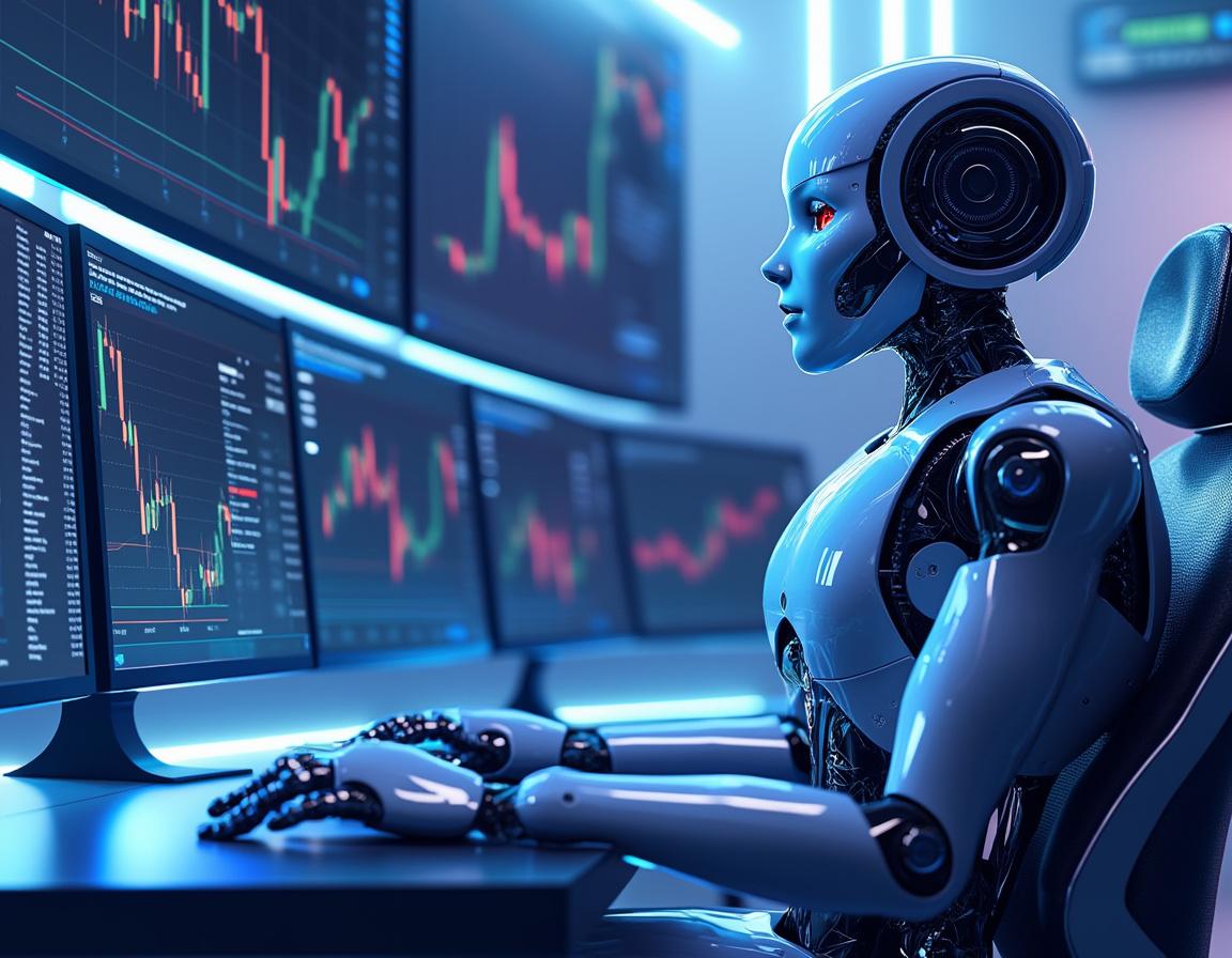 A humanoid AI trading bot analyzes financial data at a high-tech workstation surrounded by screens.