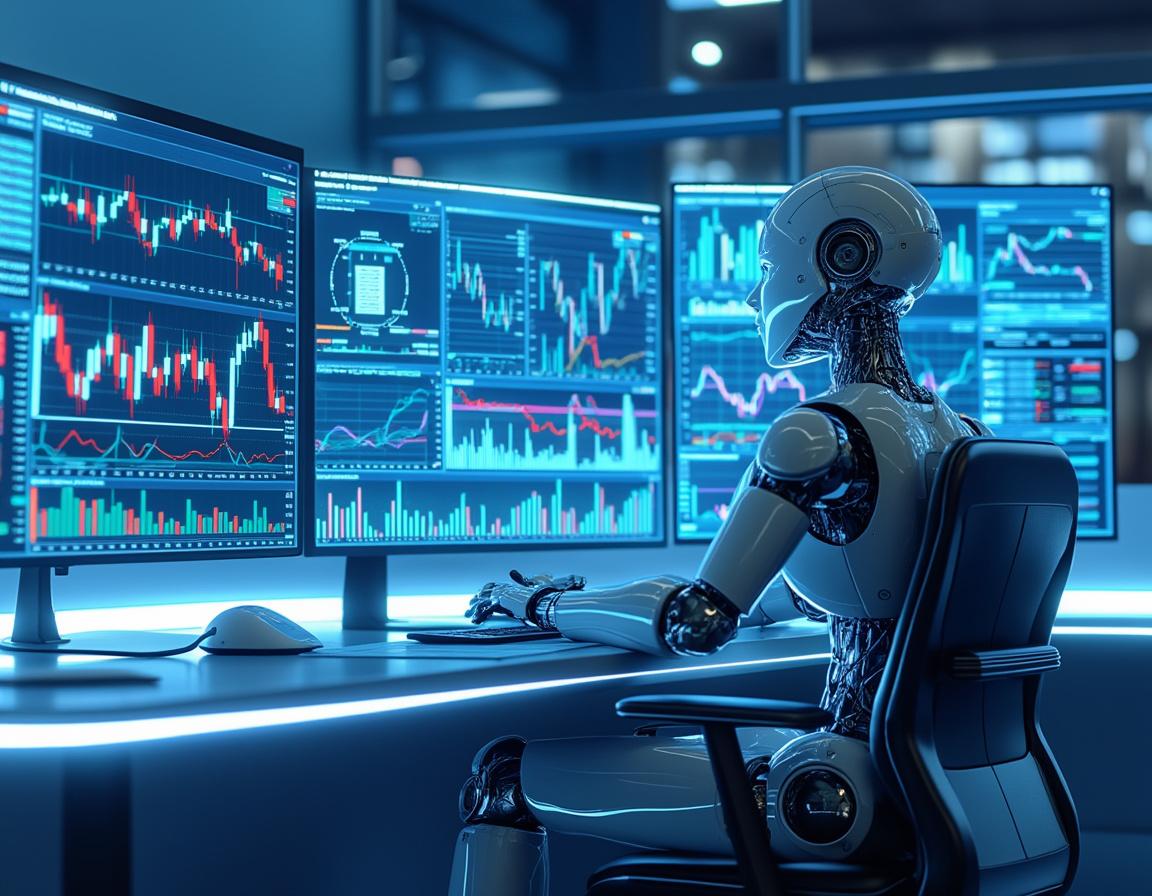 A sleek humanoid AI trading bot at a high-tech workstation analyzing stock and crypto market data.