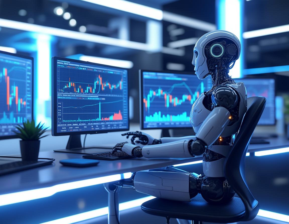 A hyper-realistic AI trading bot in a futuristic environment analyzing stock and crypto market data.