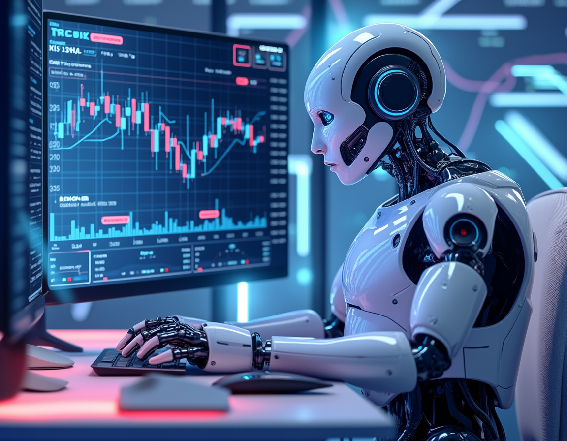 A humanoid AI trading bot in a high-tech workstation, analyzing market data on multiple screens.