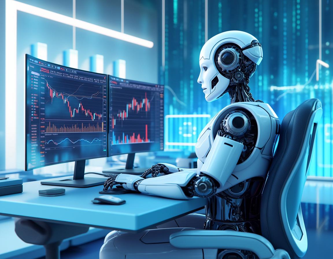 A hyper-realistic AI trading bot at a futuristic workstation analyzing stock and crypto market data.