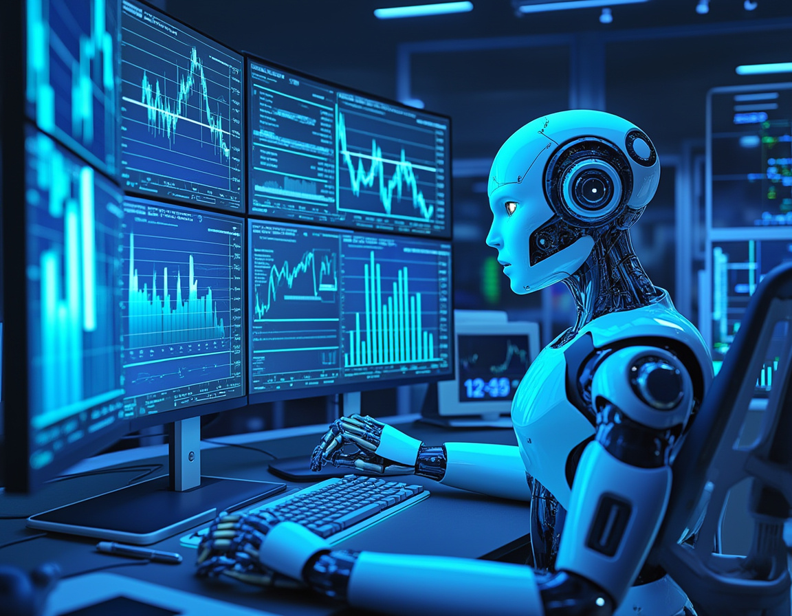 A hyper-realistic AI trading bot at a high-tech workstation analyzing stock and crypto market data.