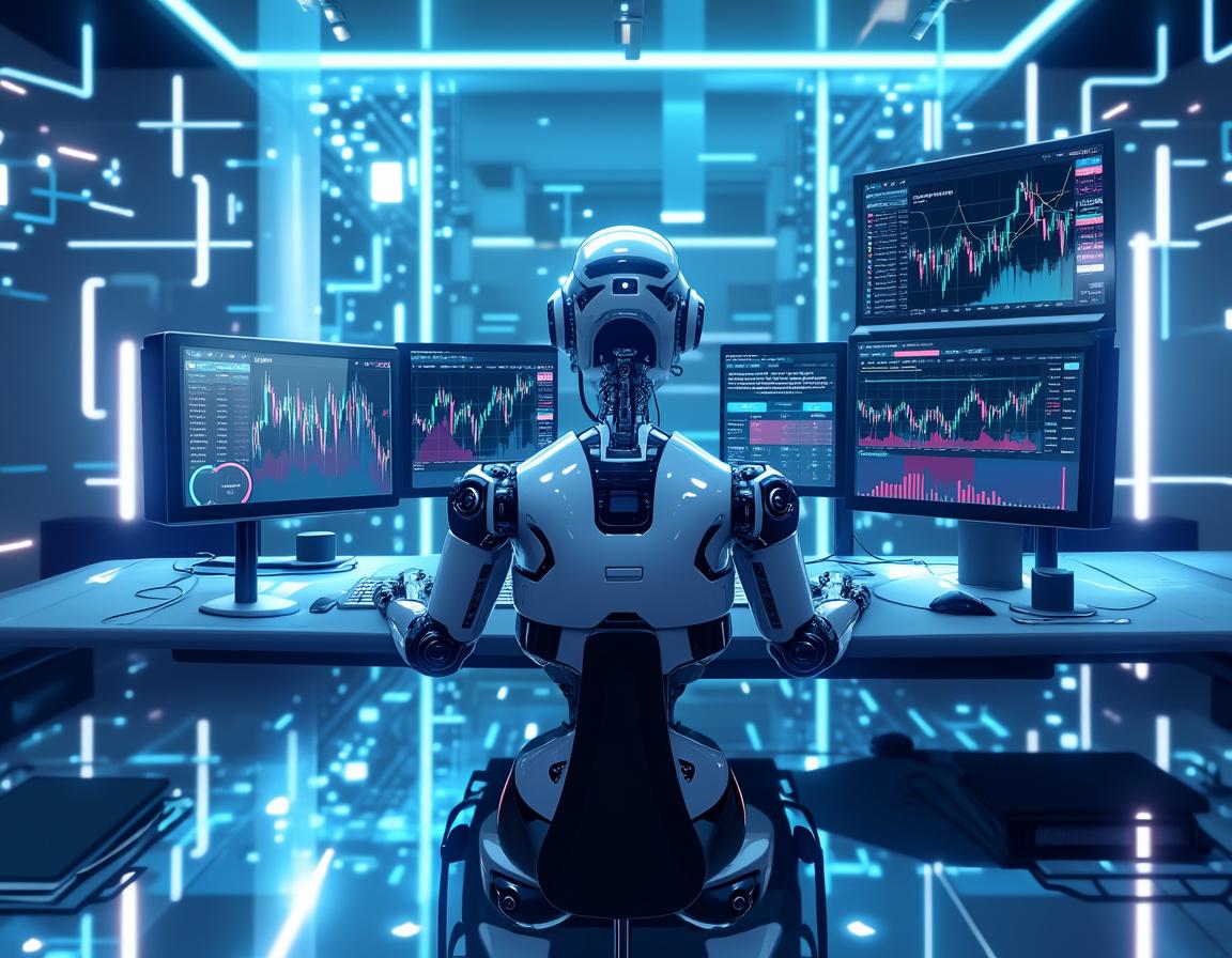 A hyper-realistic AI trading bot analyzes market data on multiple screens in a futuristic workspace.