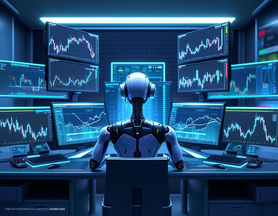 A humanoid AI trading bot analyzes market data at a high-tech workstation surrounded by screens.