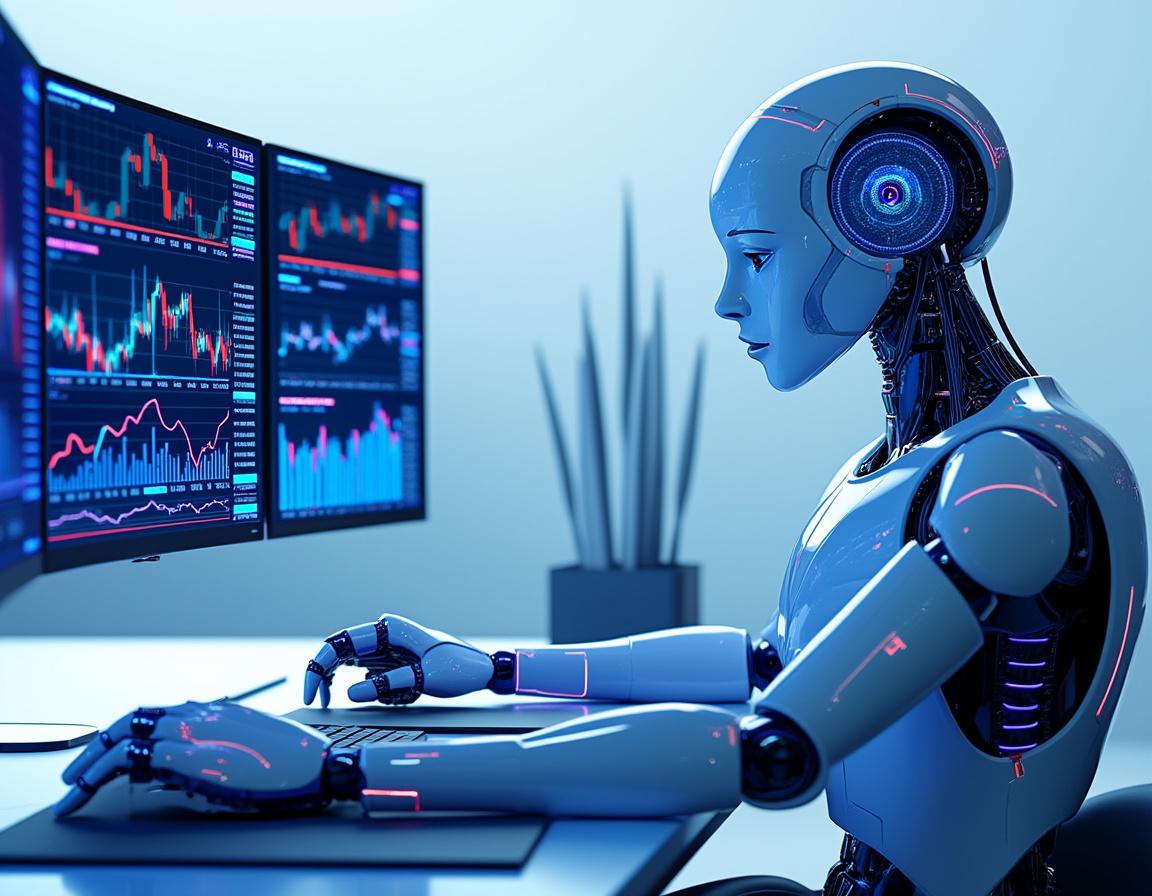 A hyper-realistic AI trading bot analyzes market data at a high-tech workstation in a dynamic scene.