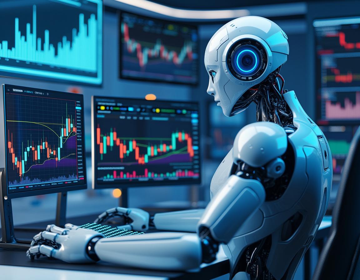A hyper-realistic AI trading bot at a high-tech workstation analyzing crypto and stock market data.
