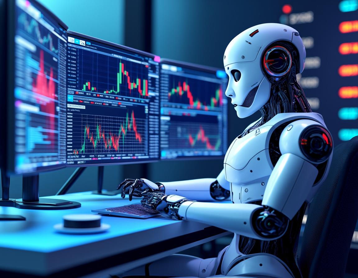 A futuristic AI trading bot analyzes market data at a high-tech workstation with multiple screens.