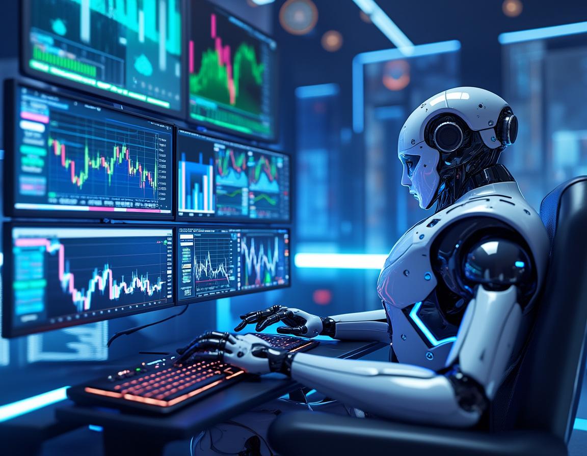A hyper-realistic AI trading bot analyzes market data at a sleek workstation with multiple screens.