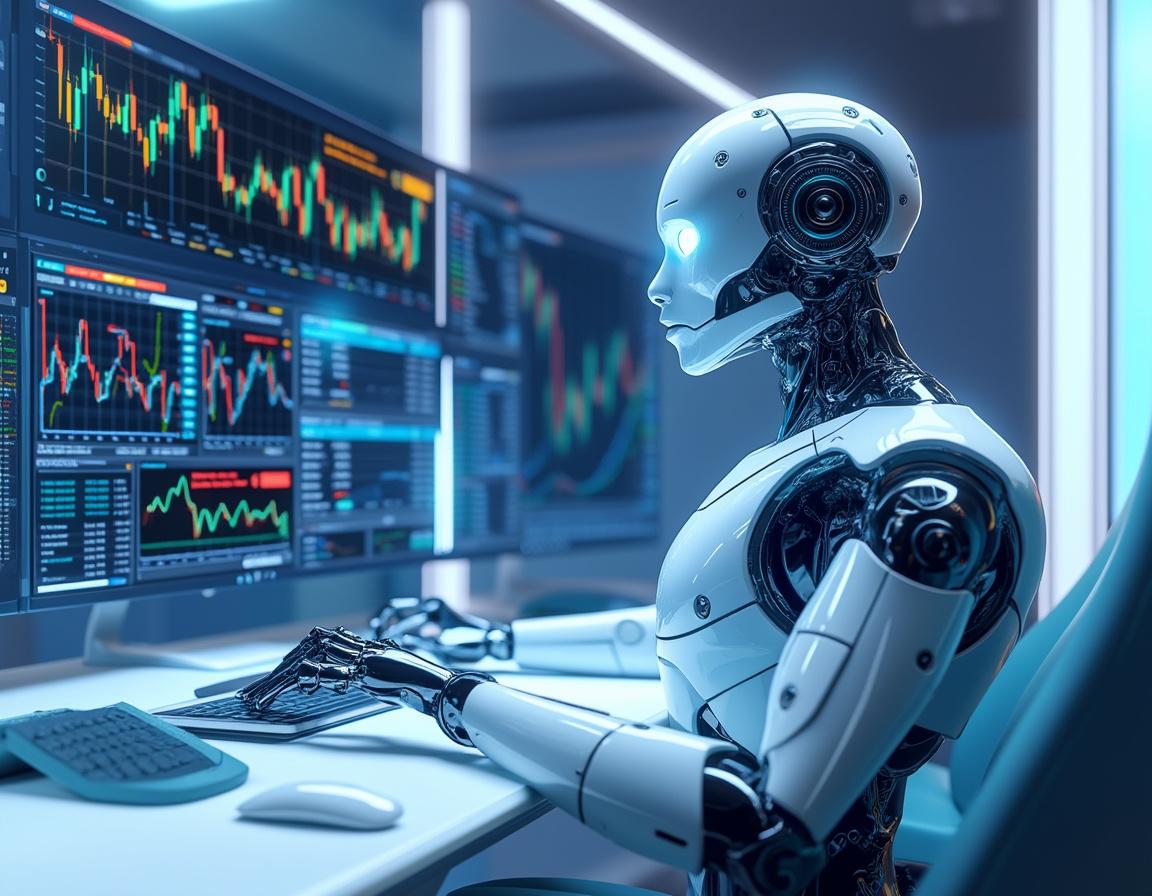 A hyper-realistic AI trading bot analyzes market data at a sleek workstation with multiple screens.