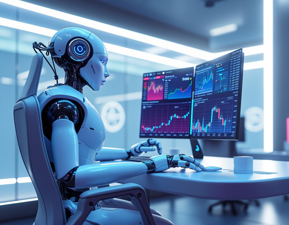 A hyper-realistic AI trading bot in a futuristic environment analyzing crypto and stock market data.