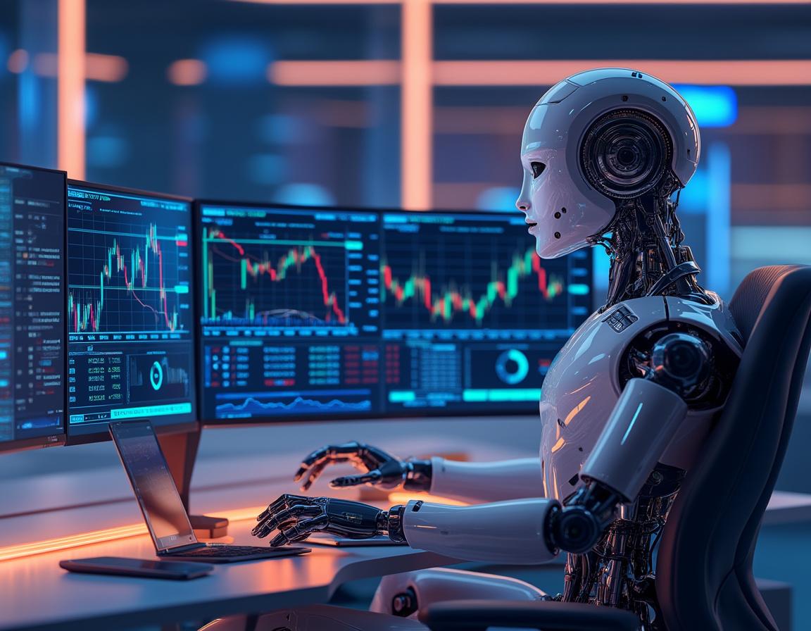 A hyper-realistic AI trading bot at a high-tech workstation analyzing stock and crypto market data.