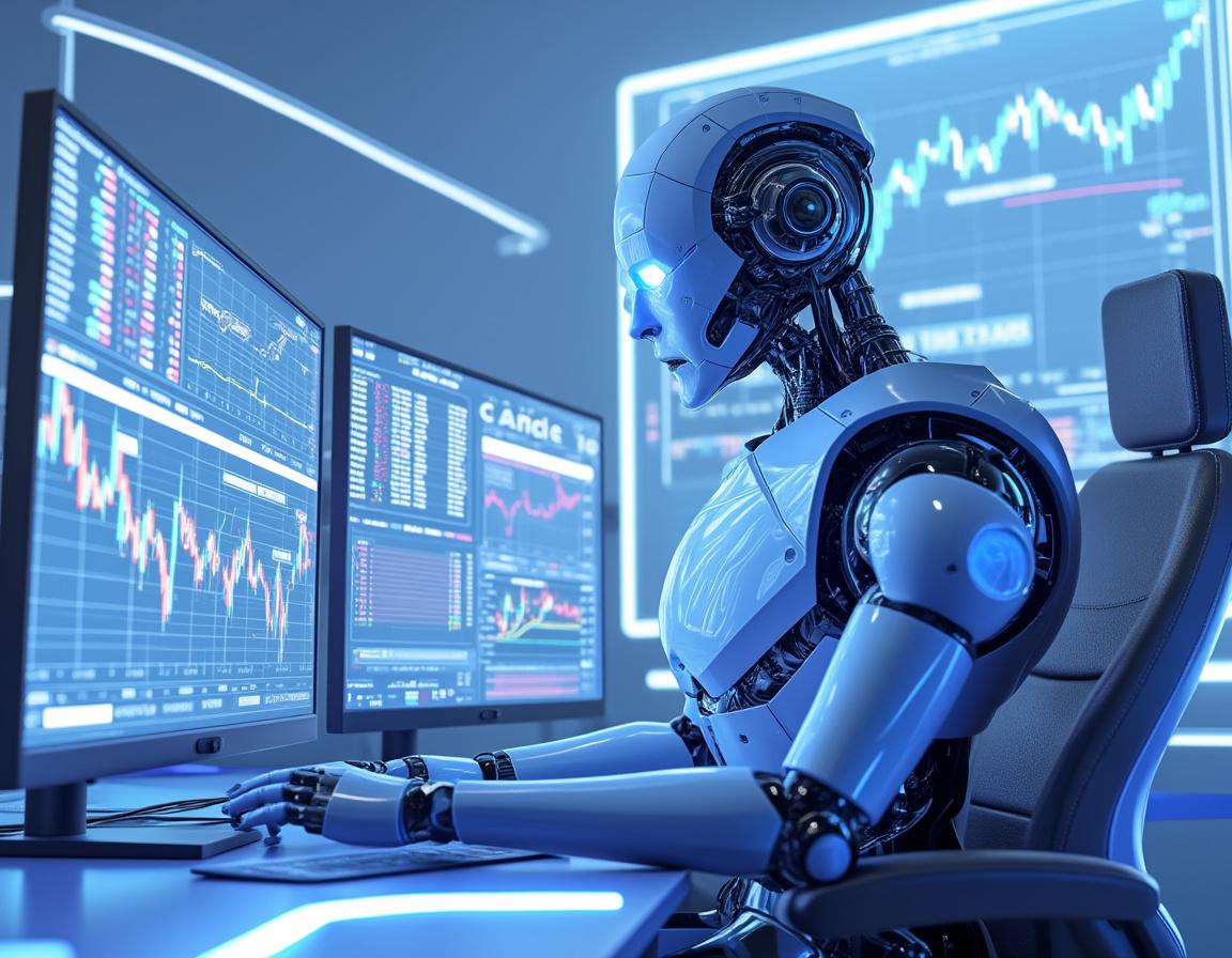 A hyper-realistic AI trading bot at a workstation, analyzing charts in a futuristic environment.