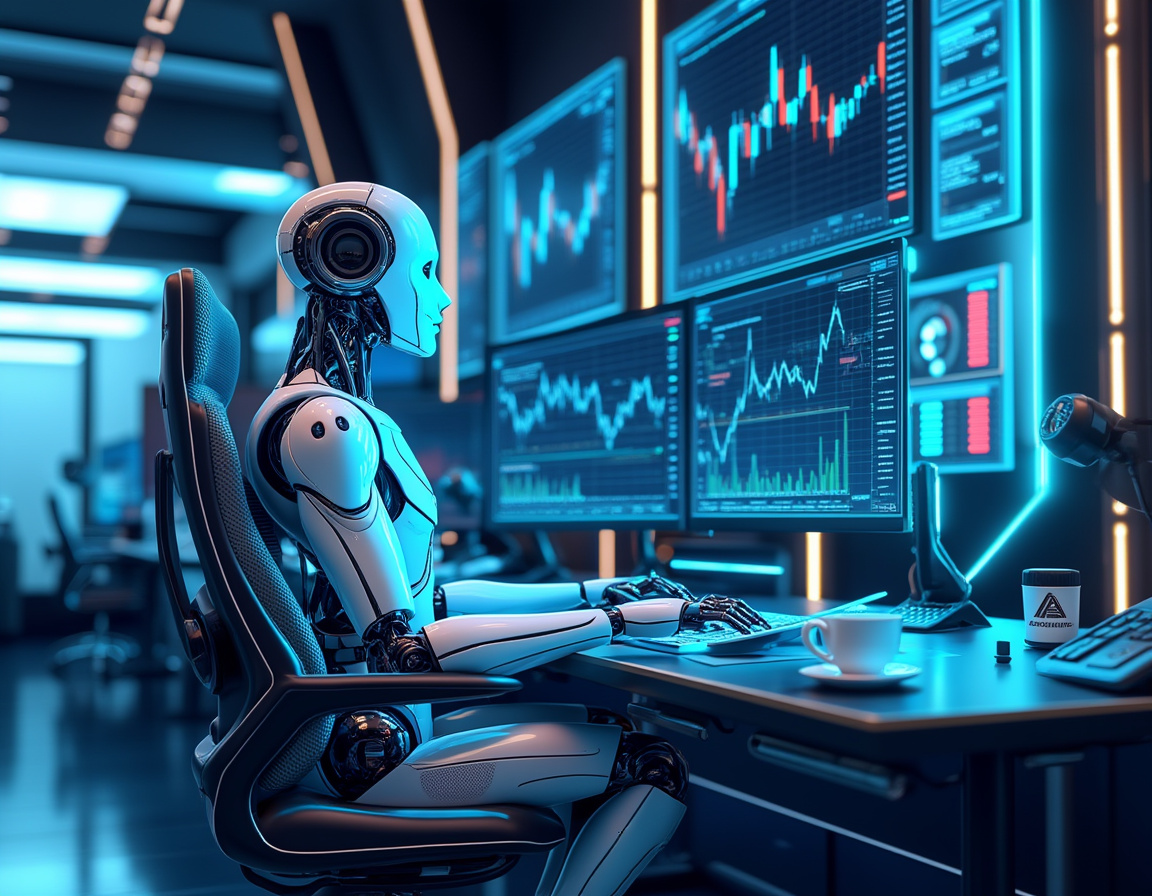 A hyper-realistic AI trading bot at a workstation, analyzing market data across multiple screens.