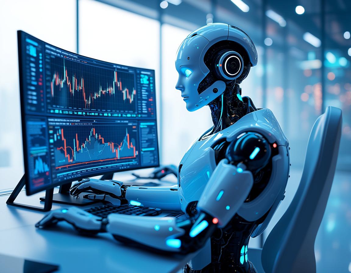 A hyper-realistic AI trading bot analyzing market data in a futuristic environment with screens.