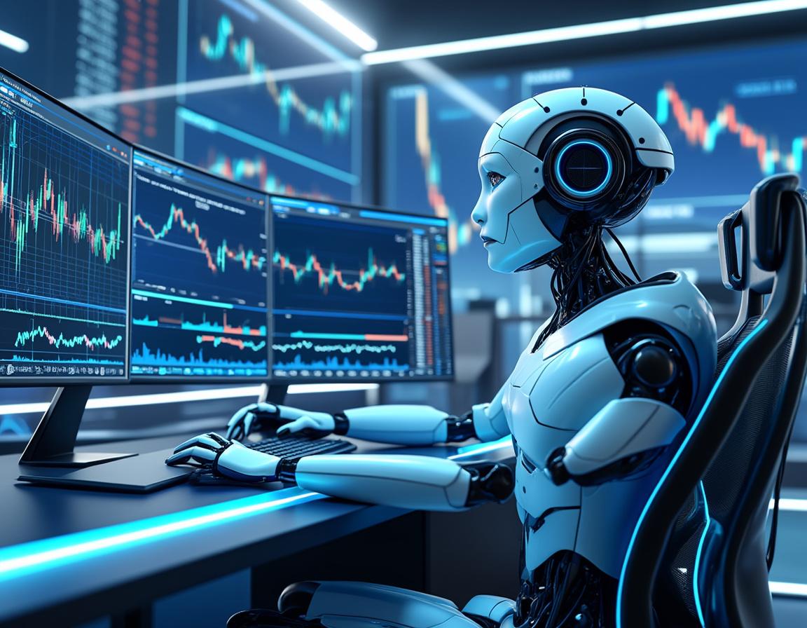 A humanoid AI trading bot operates in a futuristic workspace, analyzing markets on multiple screens.