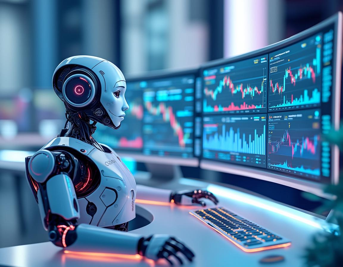 A humanoid AI trading bot analyzes market data at a high-tech workstation with multiple screens.