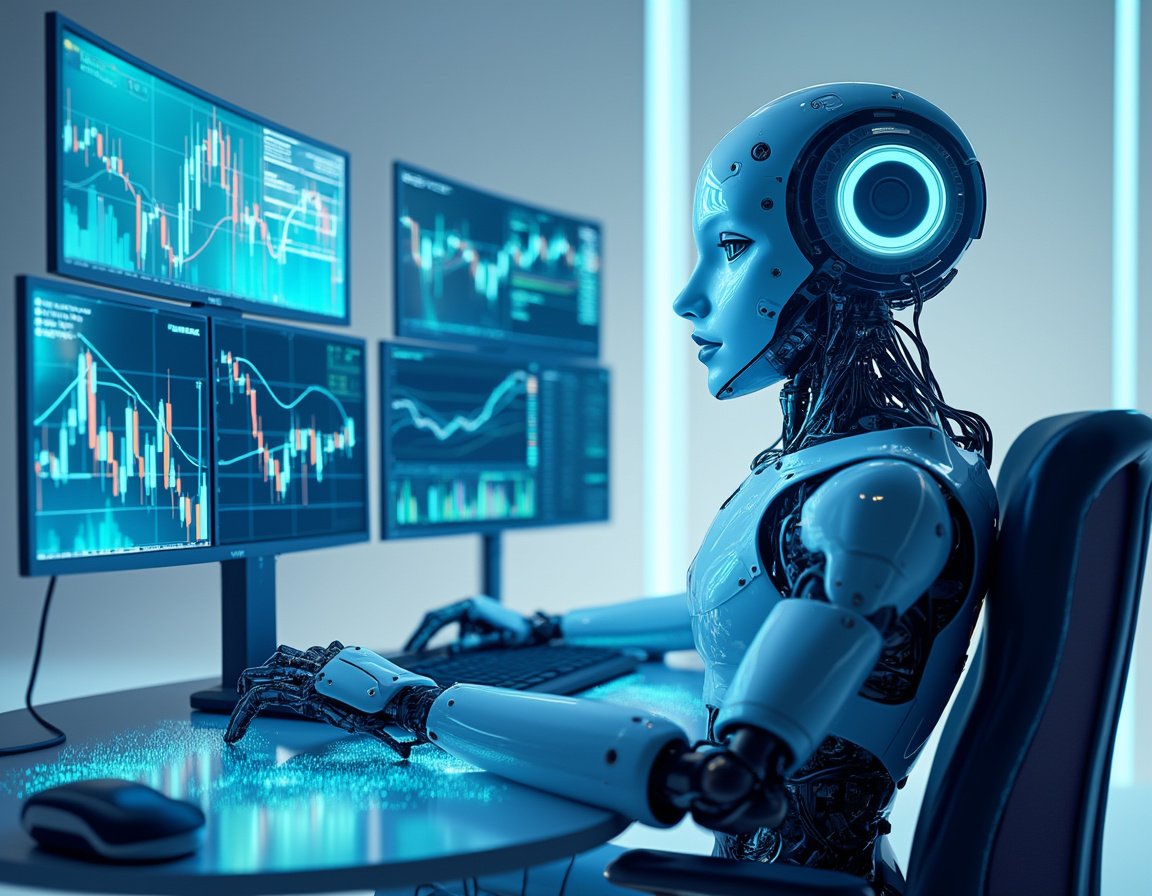 A hyper-realistic AI trading bot analyzes market data at a sleek workstation with multiple screens.