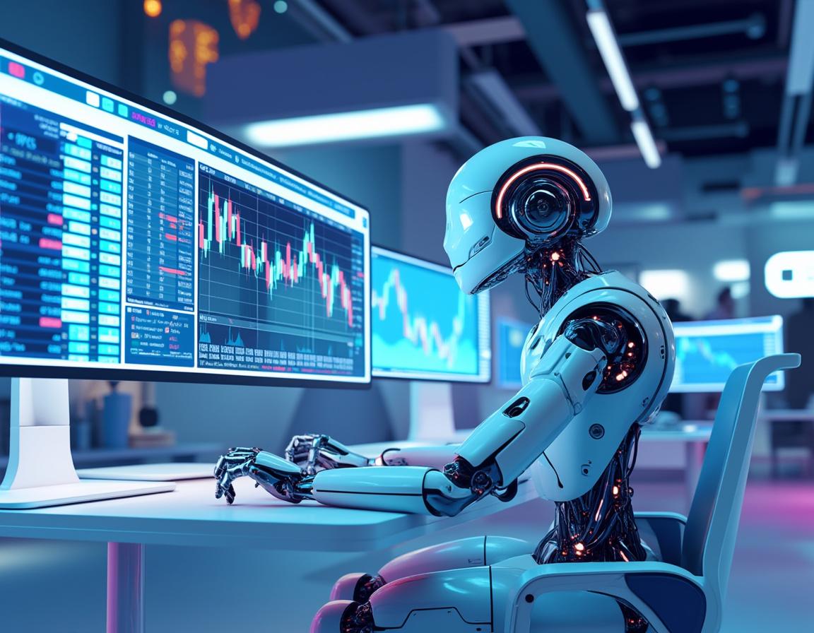 A hyper-realistic AI trading bot at a workstation analyzing data across multiple financial screens.