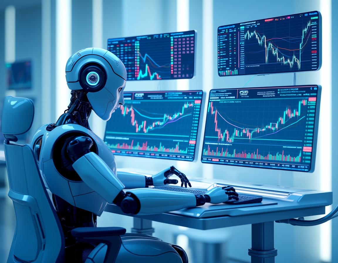 A humanoid AI trading bot at a high-tech workstation analyzing market data on multiple screens.