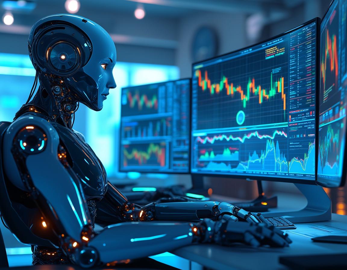 A hyper-realistic AI trading bot in a sleek workstation analyzing crypto and stock markets data.