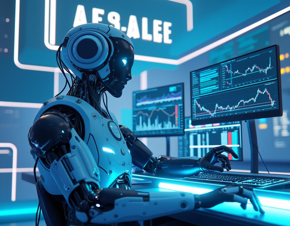 A hyper-realistic AI trading bot at a workstation analyzing market data, with glowing neon circuits.