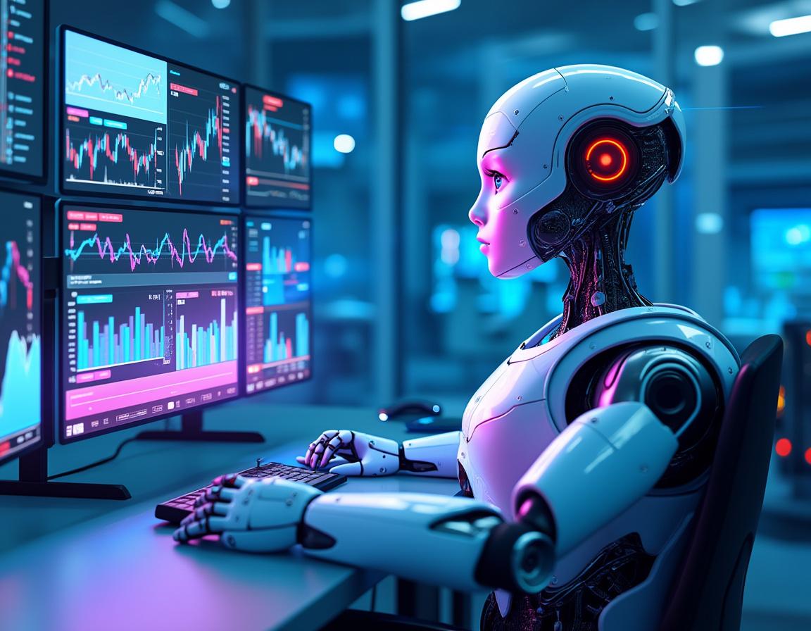 A humanoid AI trading bot analyzes market data at a high-tech workstation with glowing screens.