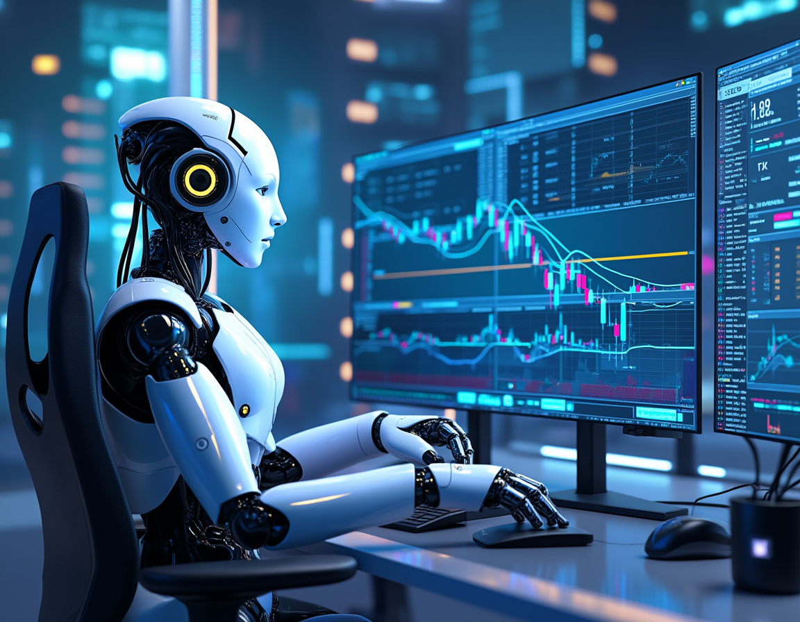 A humanoid AI trading bot at a workstation analyzing crypto market data on multiple glowing screens.