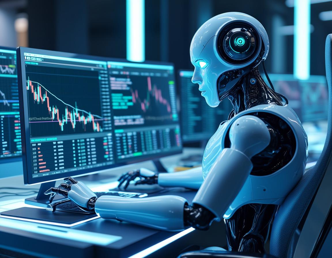 A humanoid AI trading bot works at a high-tech desk, analyzing market data on multiple screens.