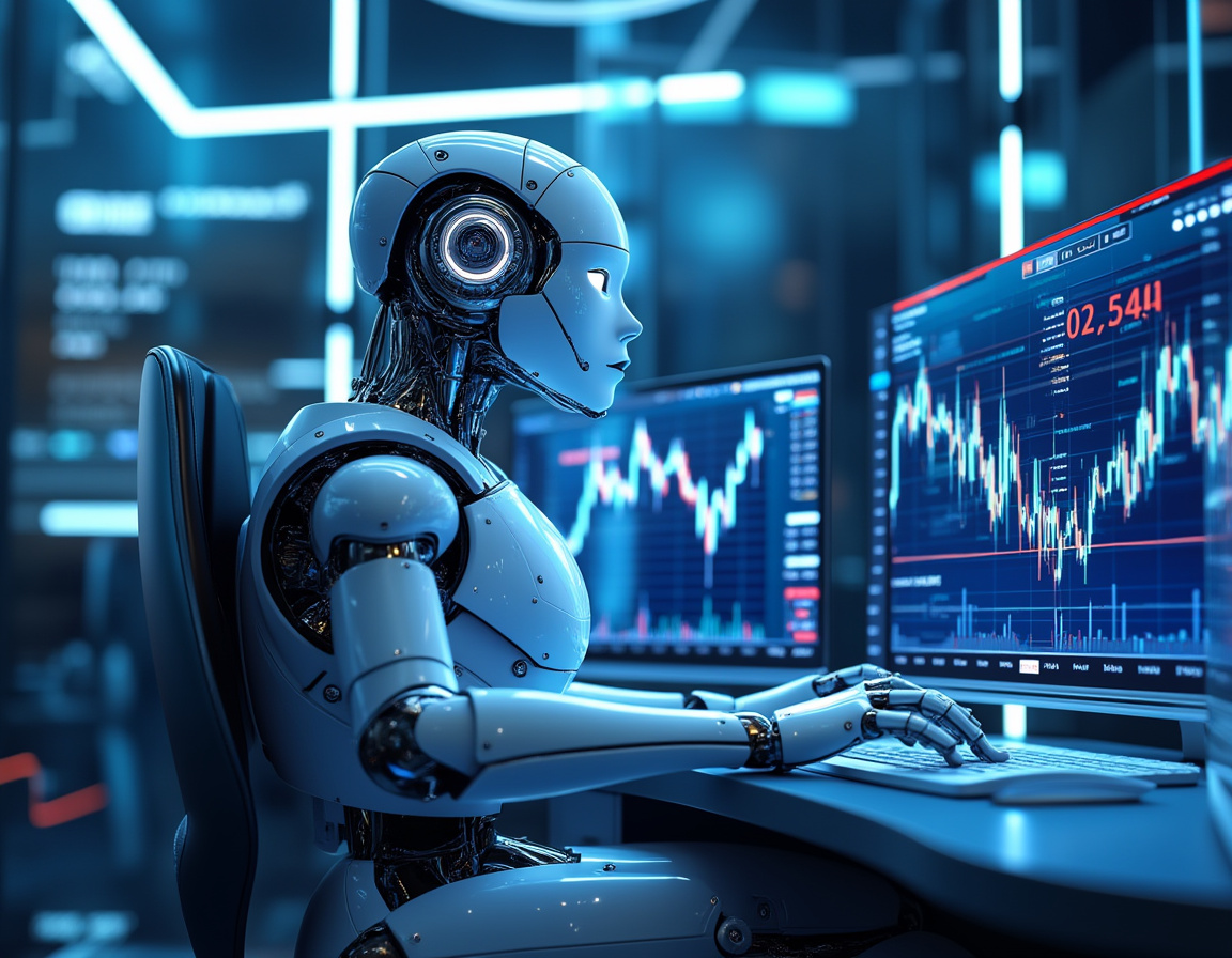 A humanoid AI trading bot analyzes market data at a futuristic workstation surrounded by screens.