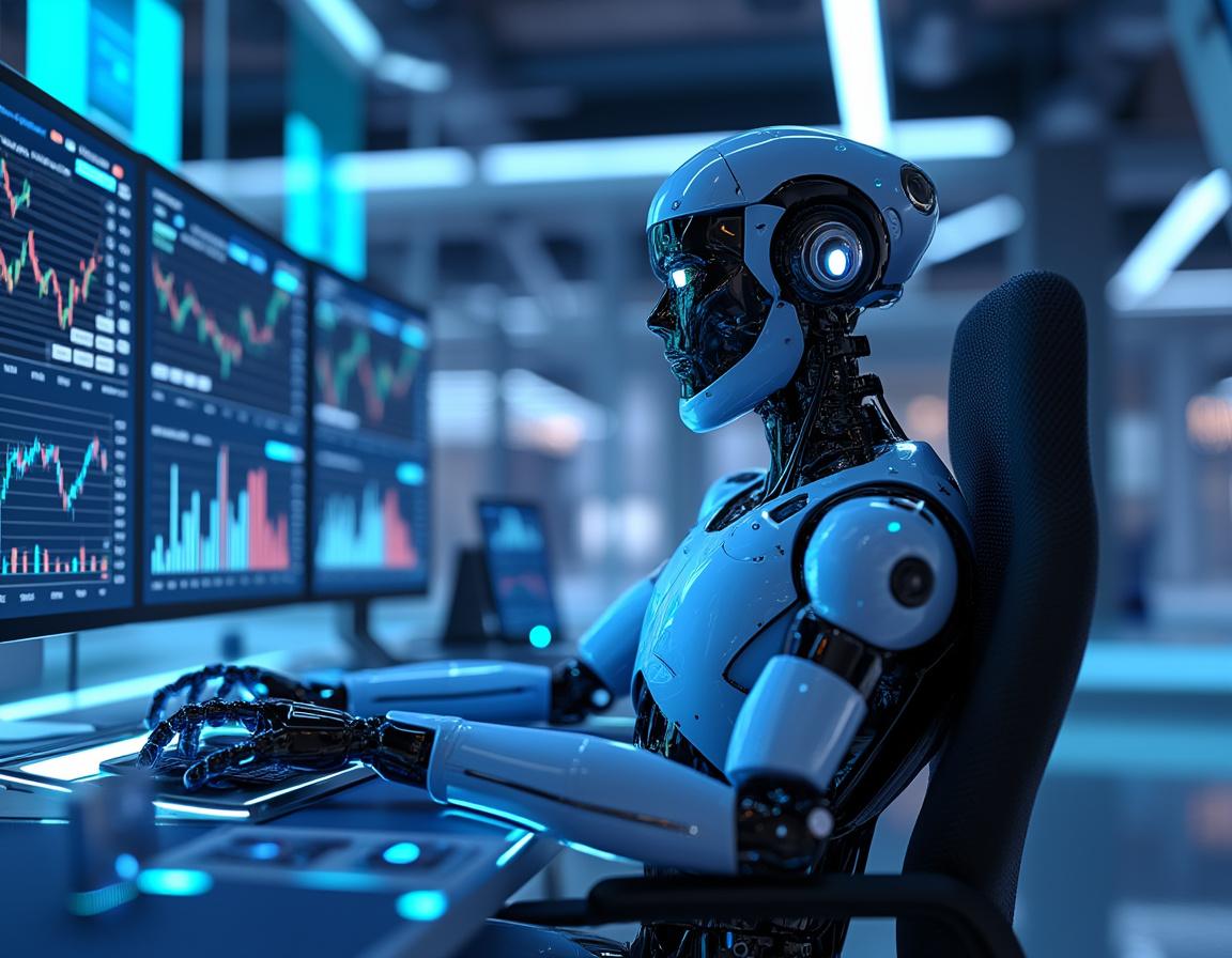 A hyper-realistic AI trading bot at a workstation analyzing market data across multiple screens.