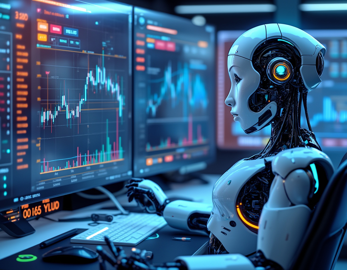 A hyper-realistic AI trading bot seated at a workstation, analyzing market data on multiple screens.