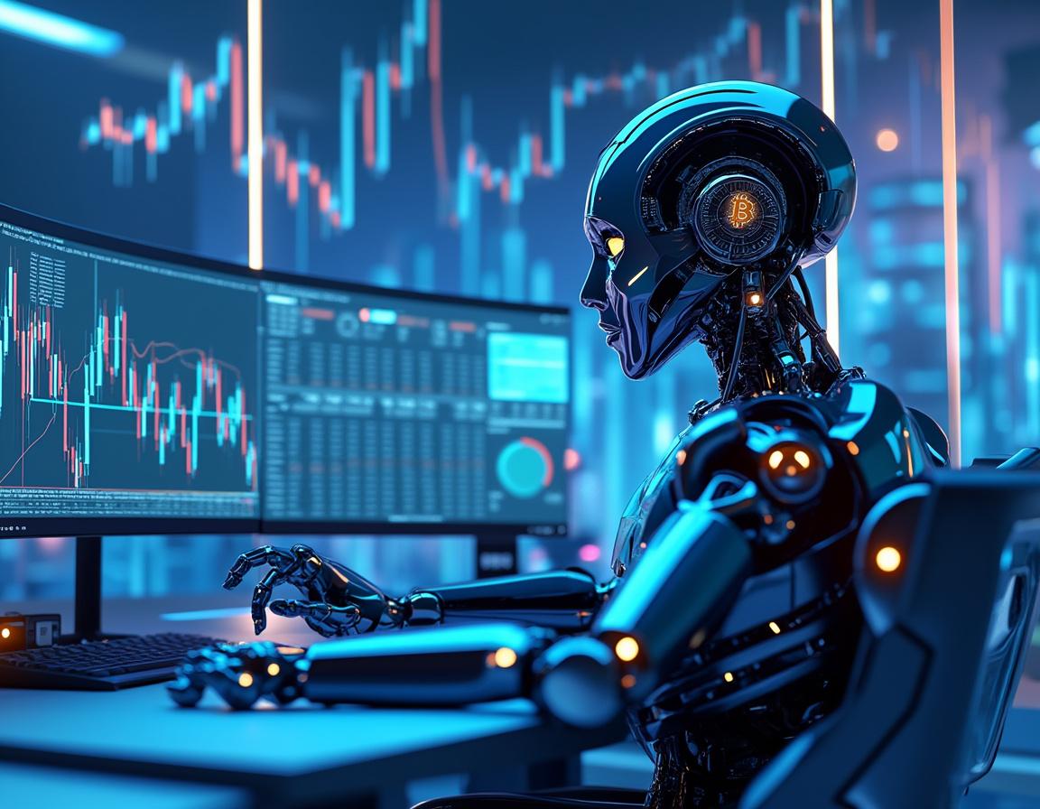 A hyper-realistic AI trading bot analyzes market data at a sleek workstation, surrounded by screens.