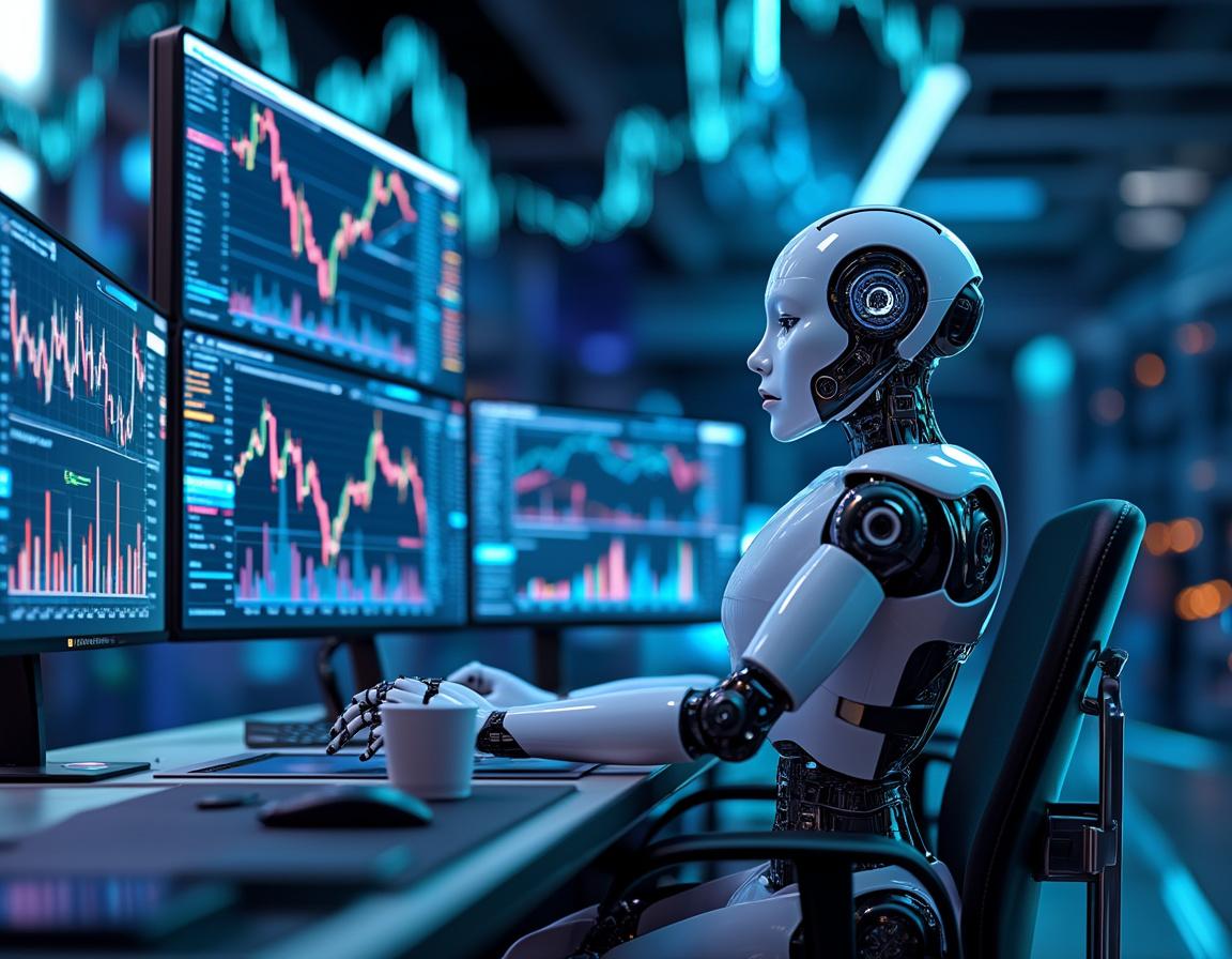 A sleek, humanoid AI trading bot at a workstation analyzing market data on multiple screens.