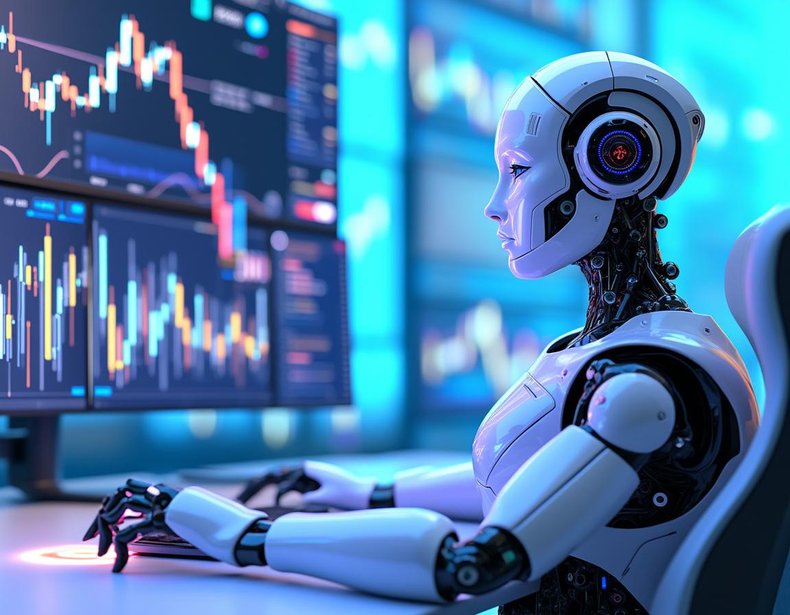 A hyper-realistic AI trading bot in a futuristic setting, analyzing market data on multiple screens.