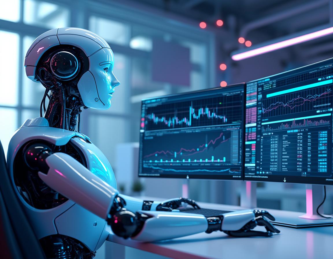 A hyper-realistic AI trading bot at a workstation analyzing market data on multiple screens.