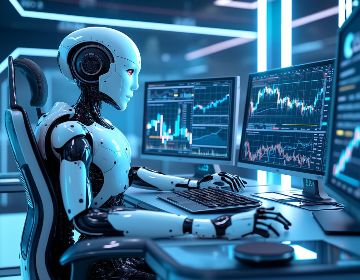 A hyper-realistic AI trading bot at a high-tech workstation, analyzing real-time crypto market data.