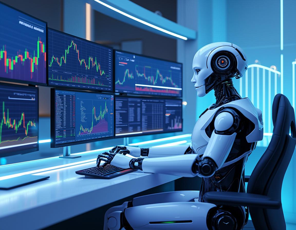 A hyper-realistic AI trading bot at a high-tech workstation analyzing cryptocurrency market data.