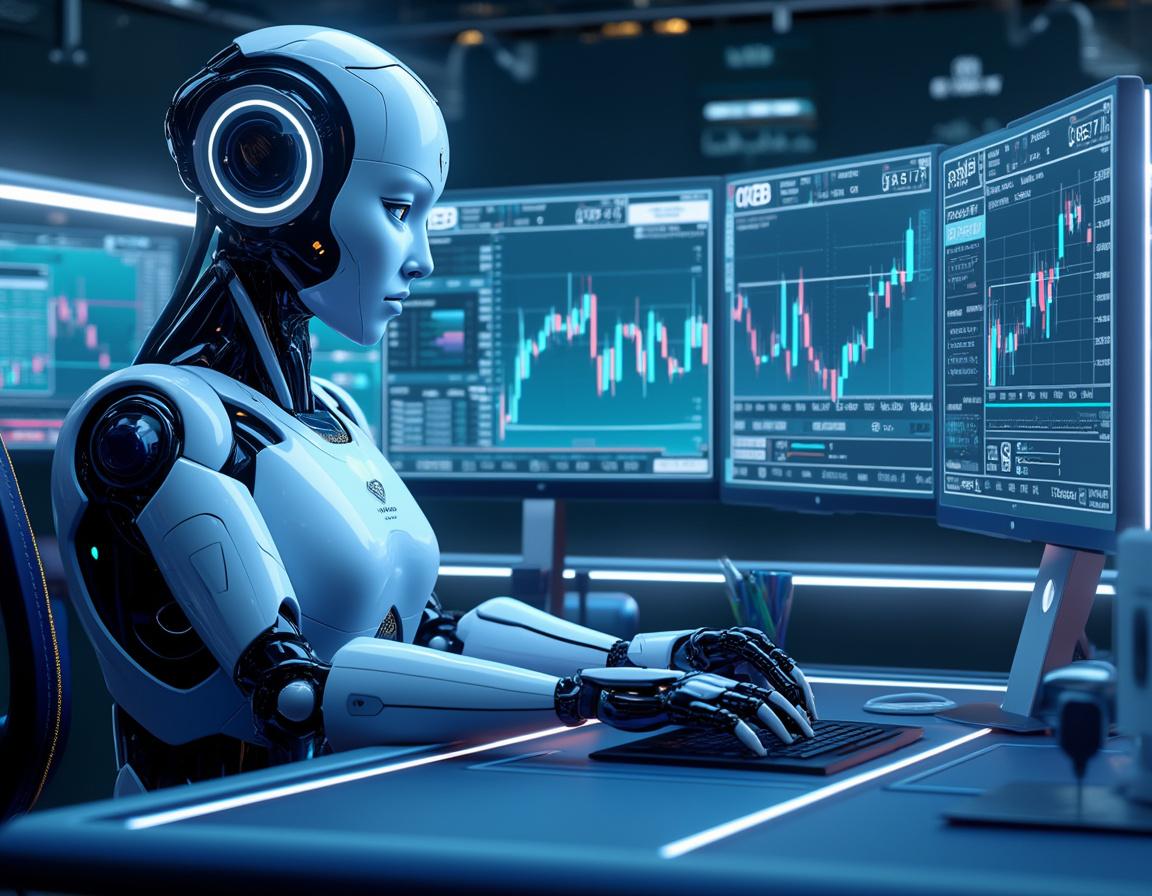 A hyper-realistic AI trading bot at a workstation, analyzing crypto data on multiple screens.