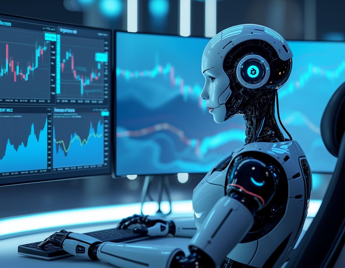 A humanoid AI trading bot analyzes market data at a high-tech workstation with glowing screens.